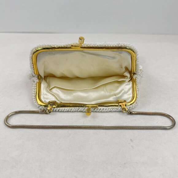 Vintage Womens White Beaded Geometric Floral Evening Bag Small Clutch Purse HK - Picture 3 of 12